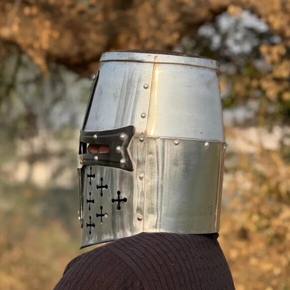 Knight Templar Crusader Helmet Medieval Great Helm Handmade Steel Brass Gift - Picture 6 of 7